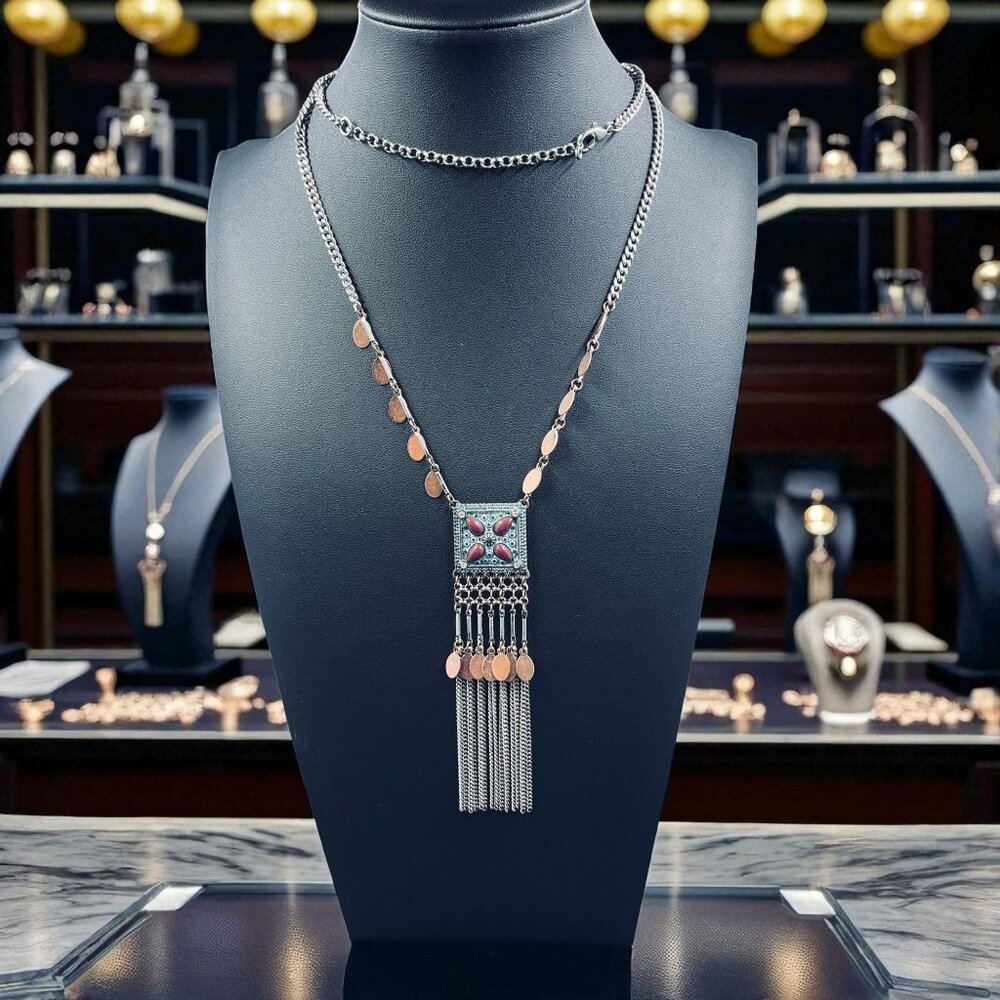 Boho Gypsy Statement Necklace Fringe Coin Pendant Red Turquoise Tribal Y2K
